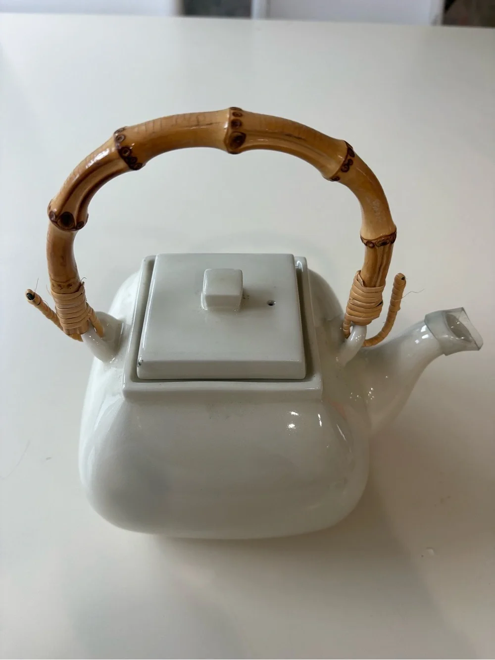 Pottery Barn White Ceramic Teapot with Bamboo Handle